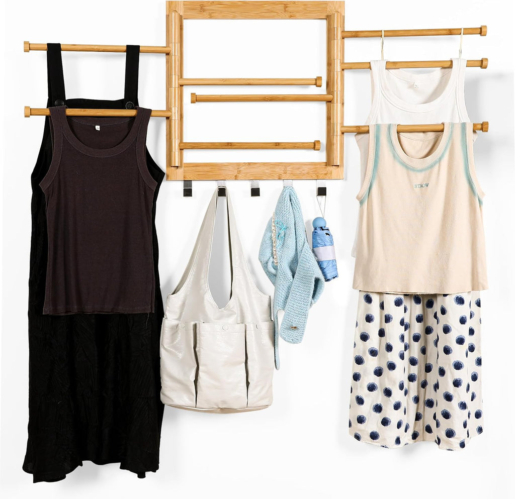 Wall Mounted Drying Rack - Clothes Drying Rack Wall Mounted for Laundry - 20 INCH - with 5 Hooks and 8 arms - 80 lbs Capacity - Natural Bamboo