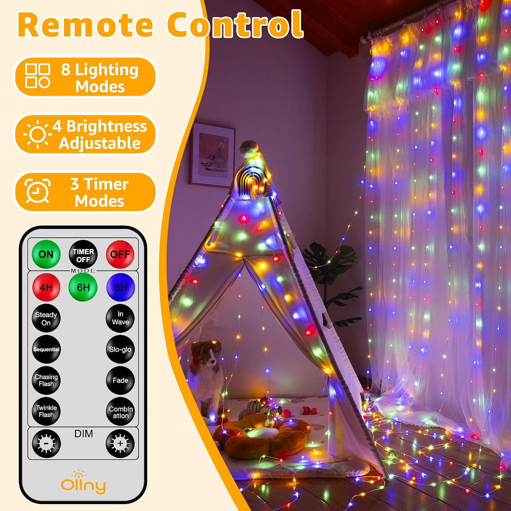 Ollny Curtain Lights 300 LED 9.8FT x 9.8FT, Connectable IP67 Waterproof