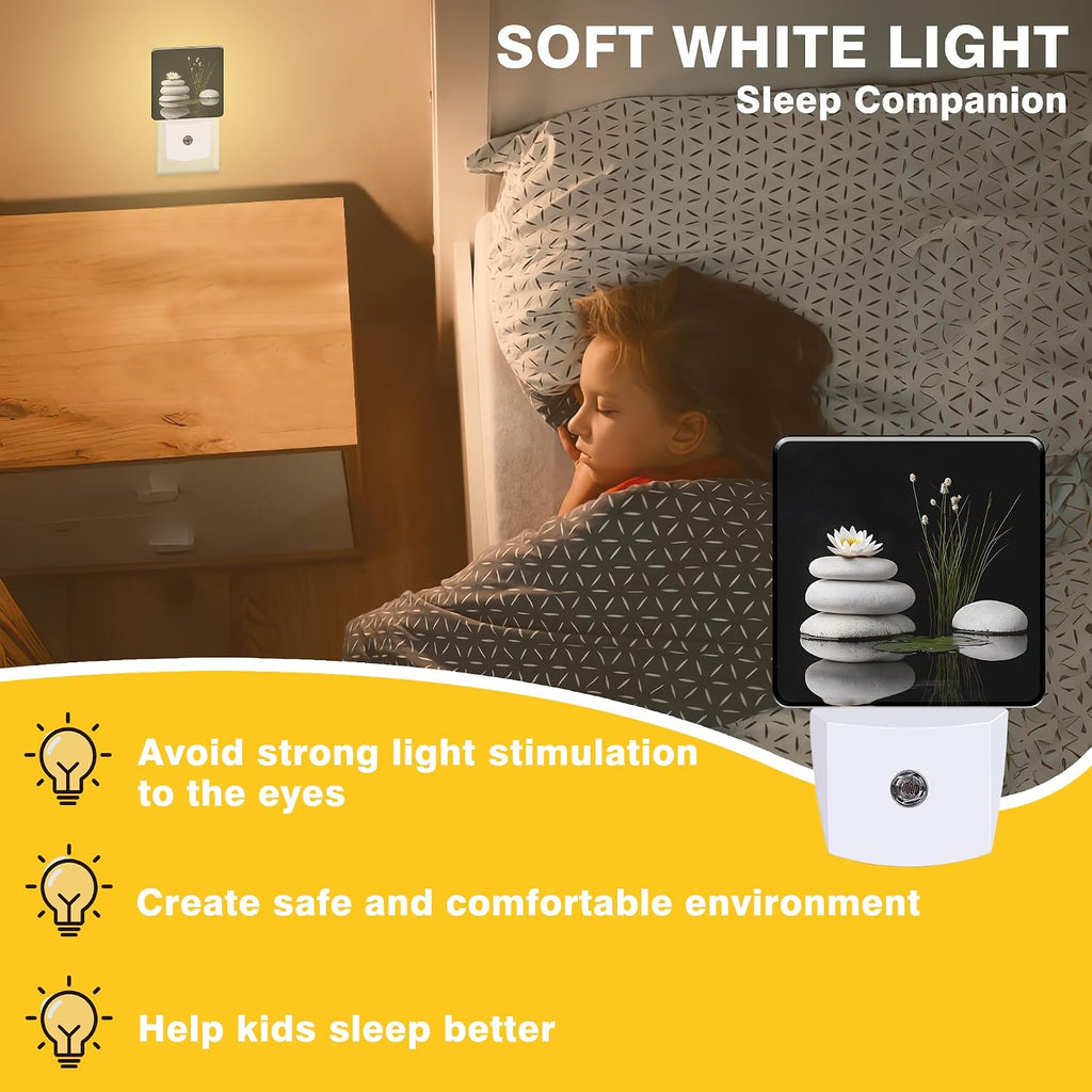Grey Stones and White Lotus Night Light, Plug-in Nightlight with Dusk to Dawn Auto Sensor for Home Bedroom Hallway Kitchen 0.5W Sleep Friendly Led Lamp for Women Men