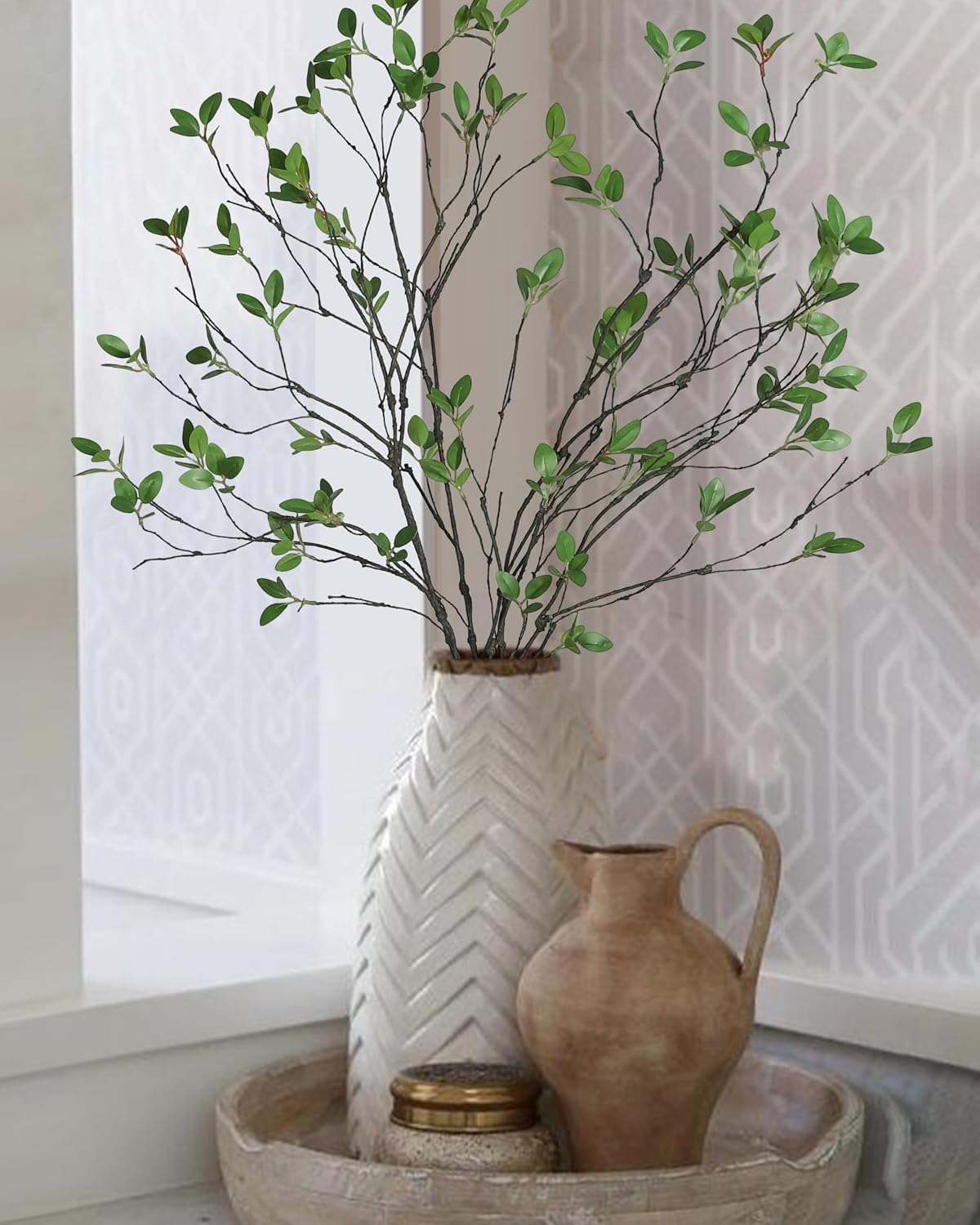 5pcs Artificial Ficus Branches Eucalyptus Stems Plants,Green