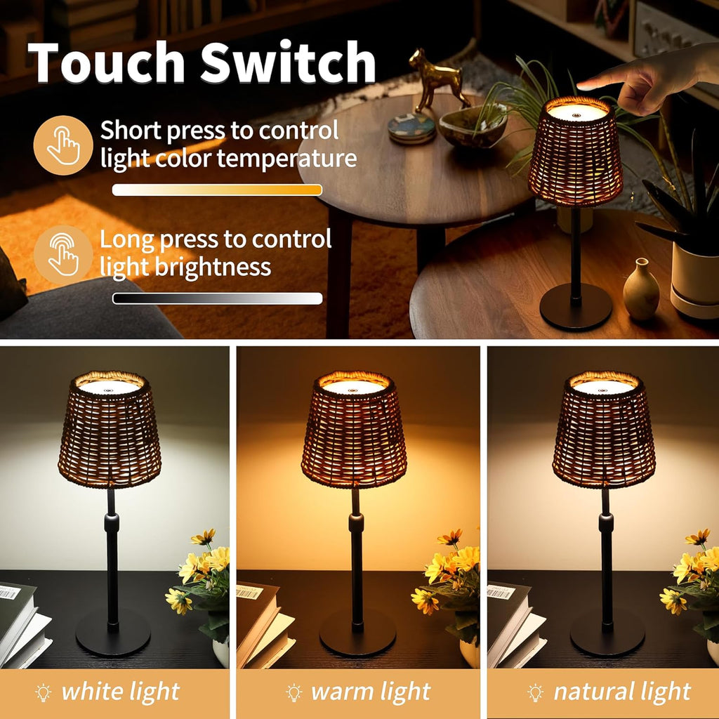 Mr.White Outdoor Waterproof Rechargeable Cordless Table Lamp with Wicker Shade, 5200mAh Battery Operated Table Light with Telescopic Pole, for Patio Restaurant Kitchen (Black)