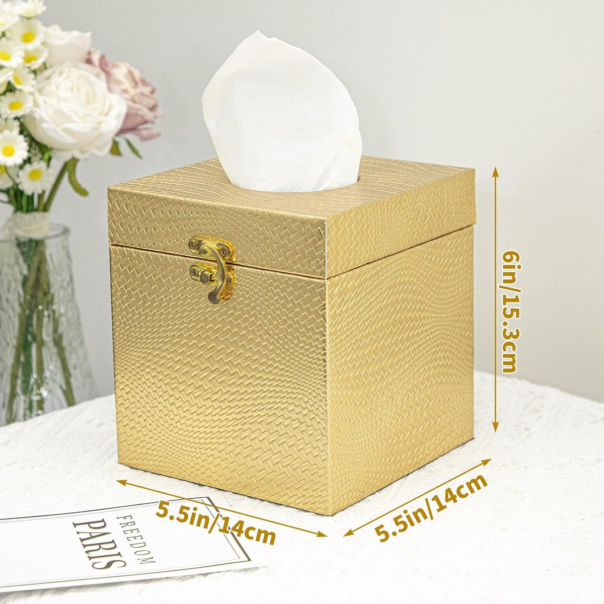 Gold Tissue Box Cover, Elegant Square Tissue Box Holder for Bathroom, Bedroom, and Office, Modern Decorative Tissue Box for Home Décor