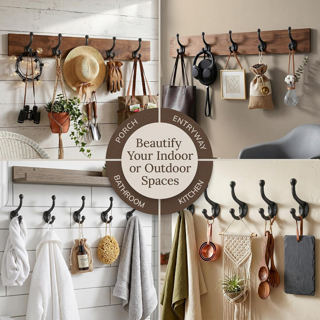Rustic Cast Iron Coat Hooks (5 Pack) Wall Mounted Farmhouse Decorative Wall Hooks, Vintage Hooks for Hanging Coats, Bags, Hats, Towels (Antique Black, Includes Hardware)