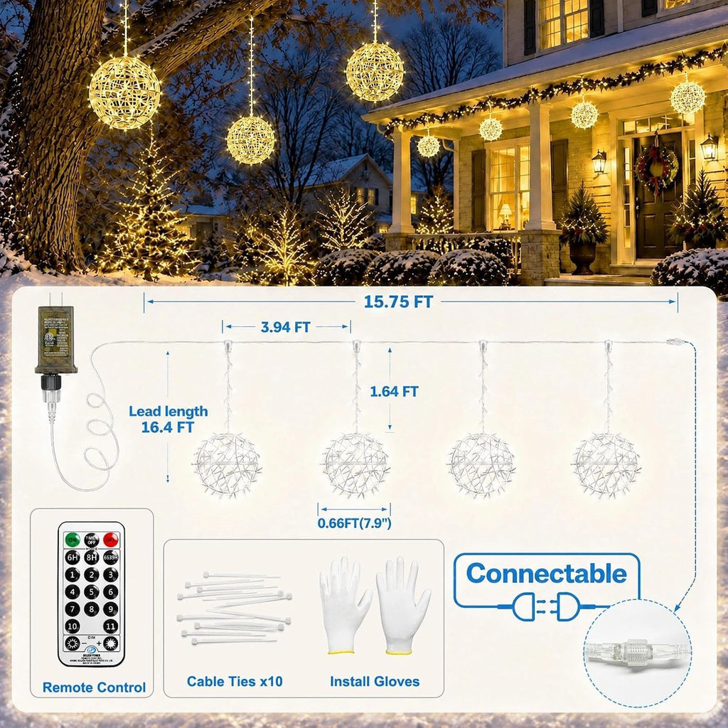 8 Pack 7.9" Christmas Light Balls Outdoor, Warm White & Multicolor