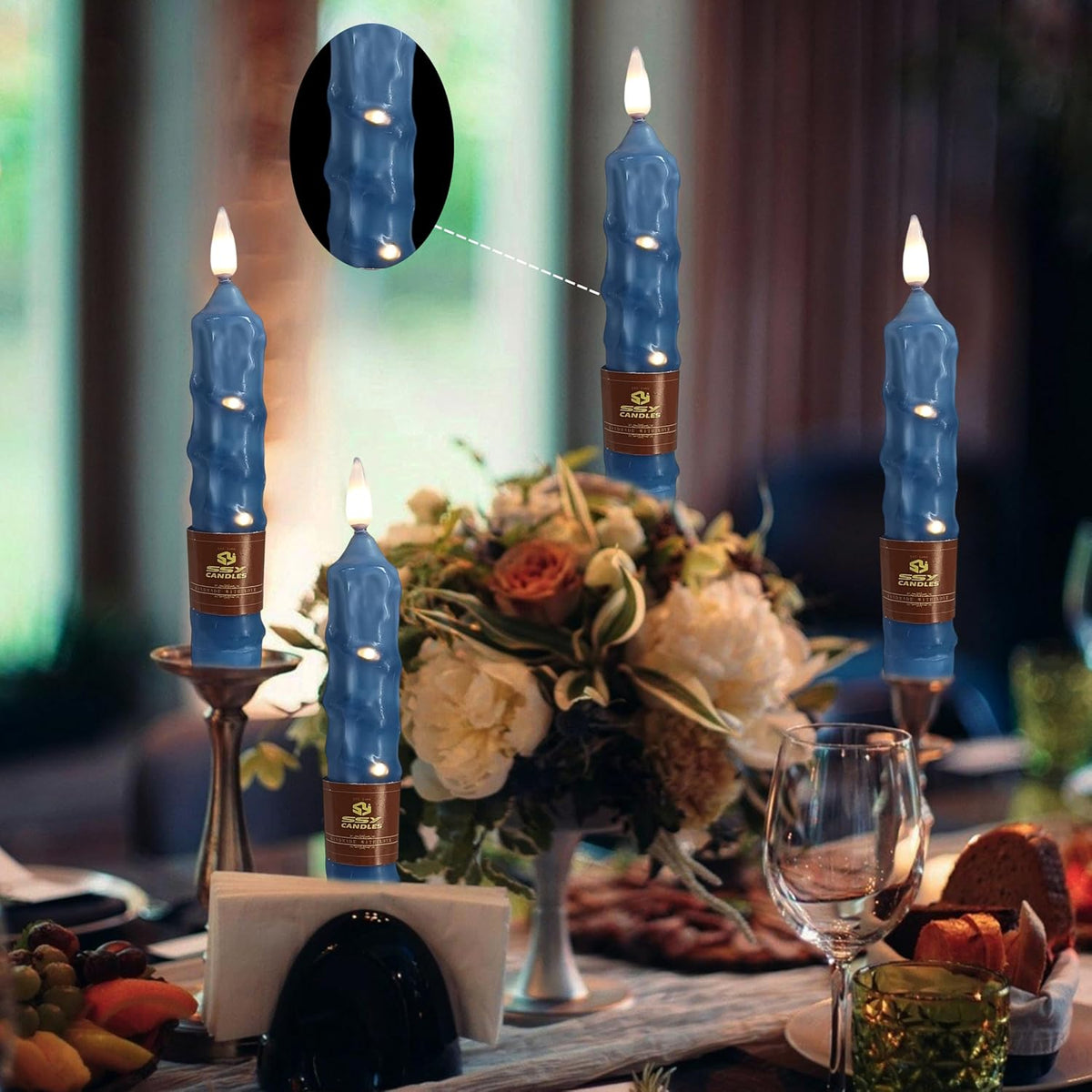 6.5 inch Haze Blue Flameless Candle with String Light Window Candles with Remote Timer Battery Operated Taper Candle LED Taper Candles Set of 4