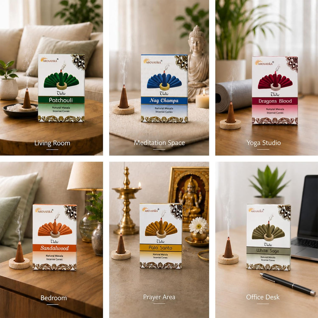 ARO VATIKA Vedic Natural Incense Cones Variety Pack of 120, 12 Flavored Premium Non-Toxic Dhoop Cones for Meditation, Yoga, Spiritual Healing, Relaxation & Home Fragrance, Burn Time 25 Mins