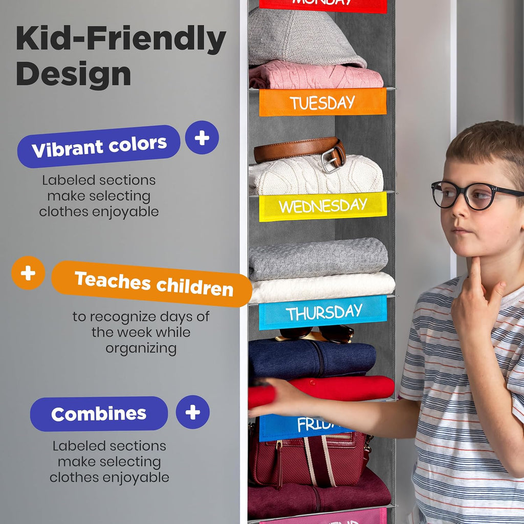 Handy Laundry Kids Hanging Closet Organizer 6-Shelf with Day-of-Week Labels