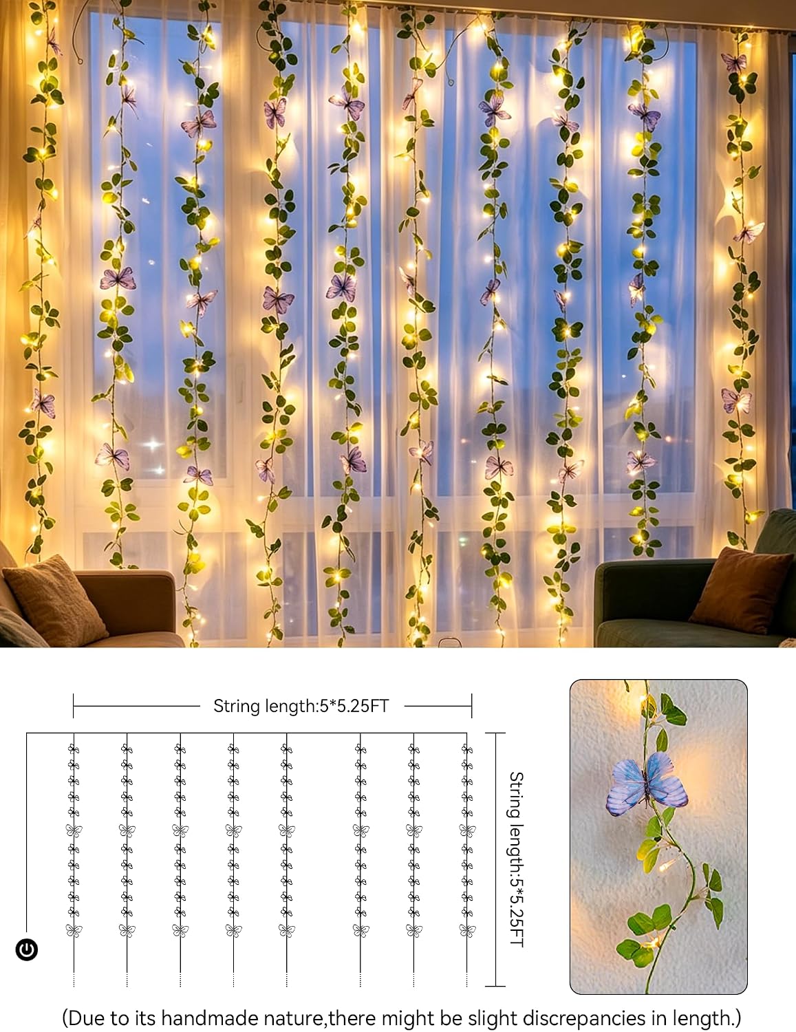 suddus Vine with Lights, Vine Lights with Butterfly for Wall,Bedroom, Dorm, Wedding, Party, Indoor Decor