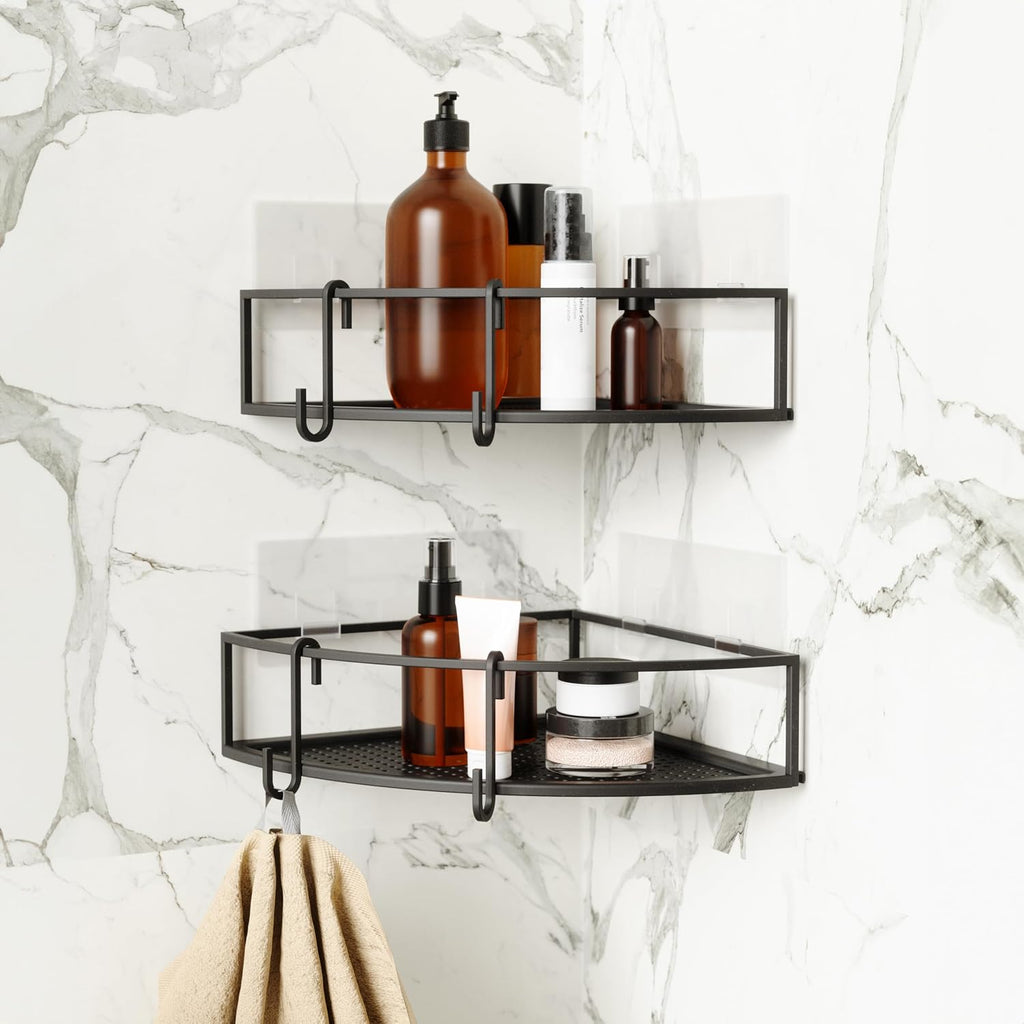 Umbra Cubiko Shower Caddy, Metal Corner Shelf with Adhesive, Black