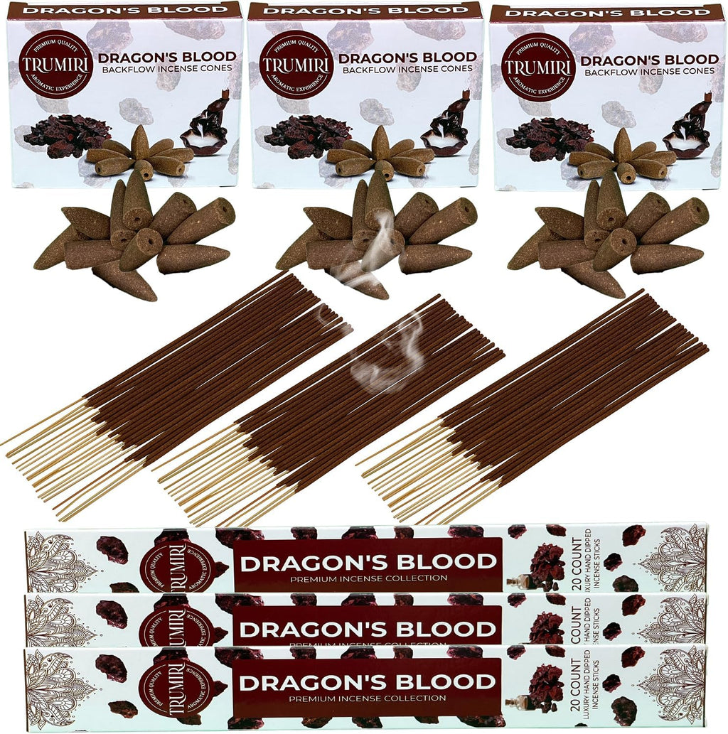 Dragons Blood Incense Sticks & Backflow Cones for Waterfall - 60 Sticks + 30 Cones - Waterfall Incense Combo Pack