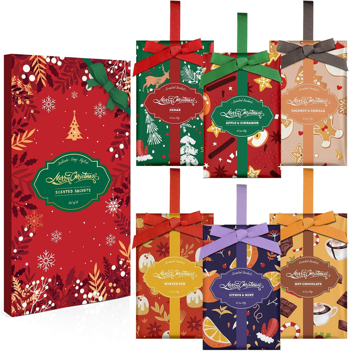 STRN Christmas Scented Sachets, 6 Large Hanging Sachet for Drawer & Dresser