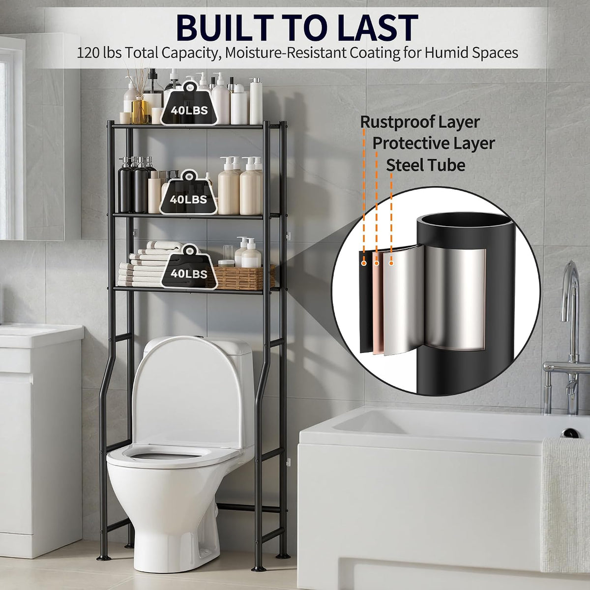 3-Tier Over Toilet Storage Cabinet, No Drilling, 64" H, Black