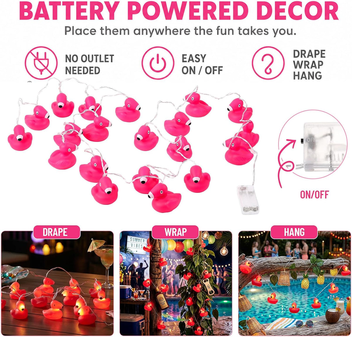 Deekin 3 Pcs Pink Flamingo String Lights Battery Operated Tropical Decor