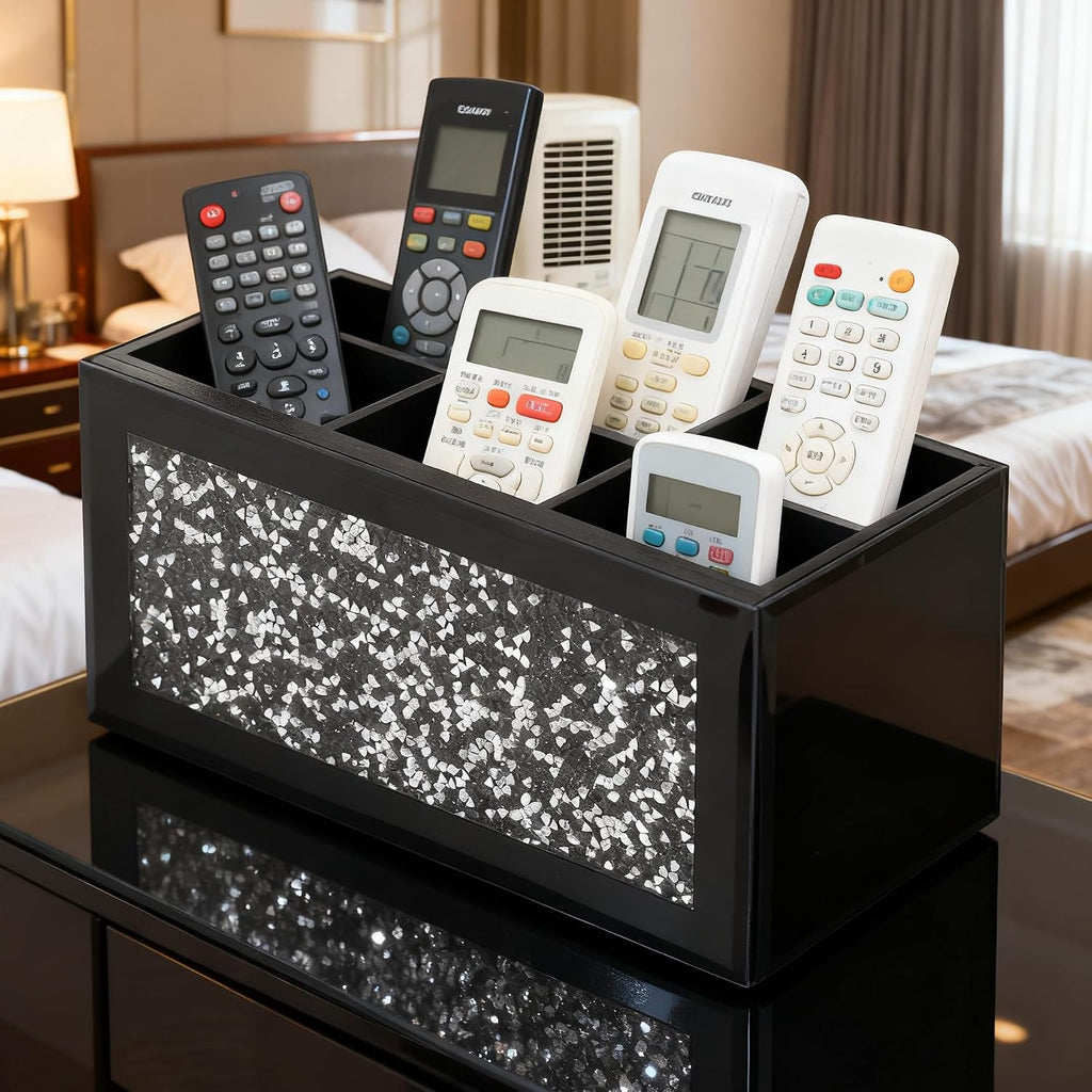 SHYFOY Glass Remote Control Holder with 6 Compartments TV Remote Caddy Storage Box,Desktop Organizer Store Controller,Glasses,Brush,Media Player,Pen,Space Saver for Bedside Table/Office Desk(Black)