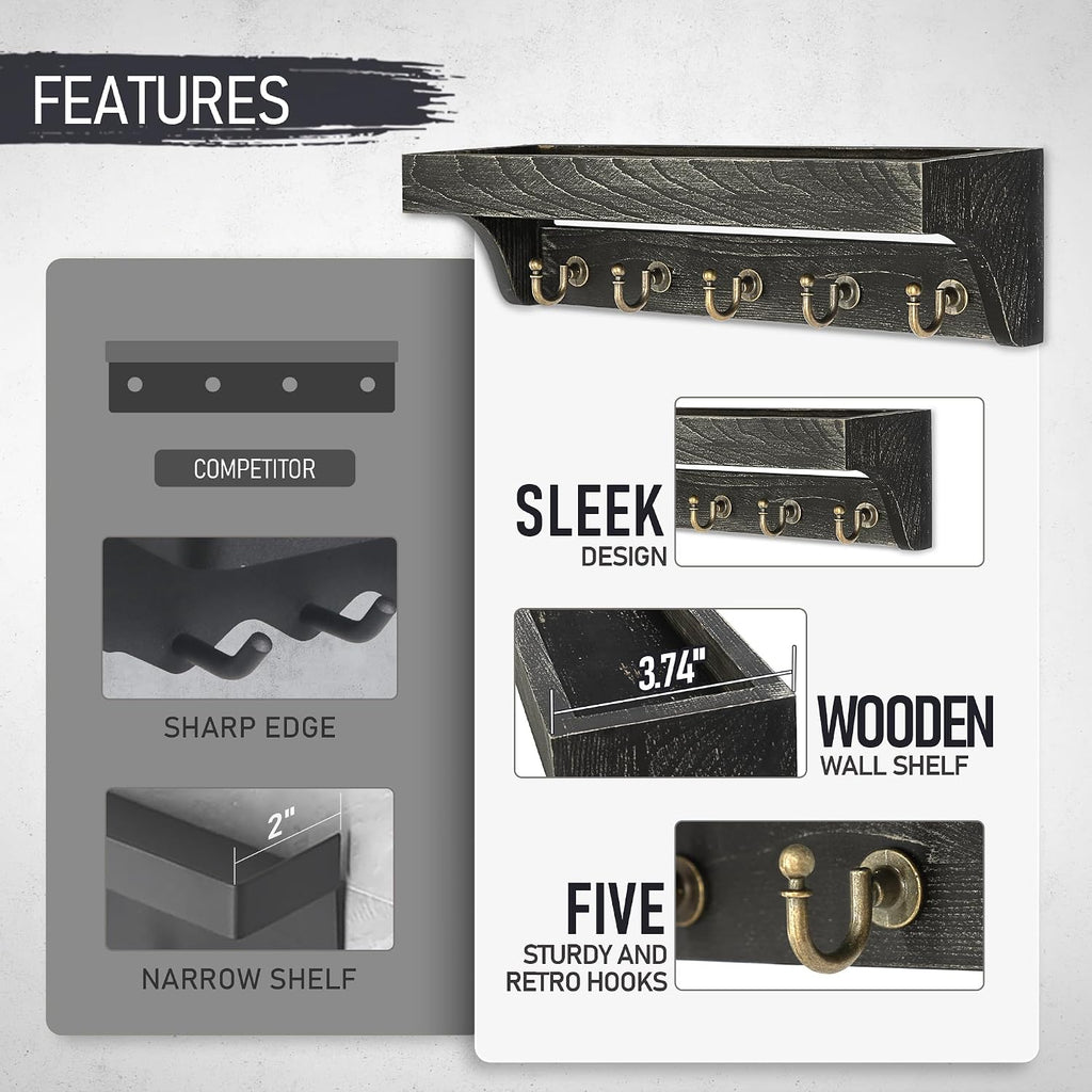 Rebee Vision Key Holder Wall Mount with 5 Hooks for Home Decor, Old Black
