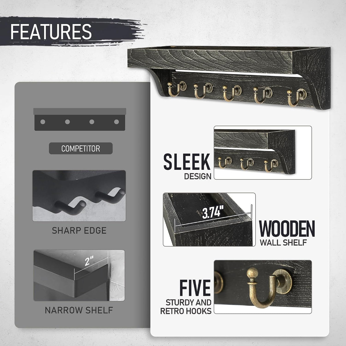Rebee Vision Key Holder Wall Mount with 5 Hooks for Home Decor, Old Black