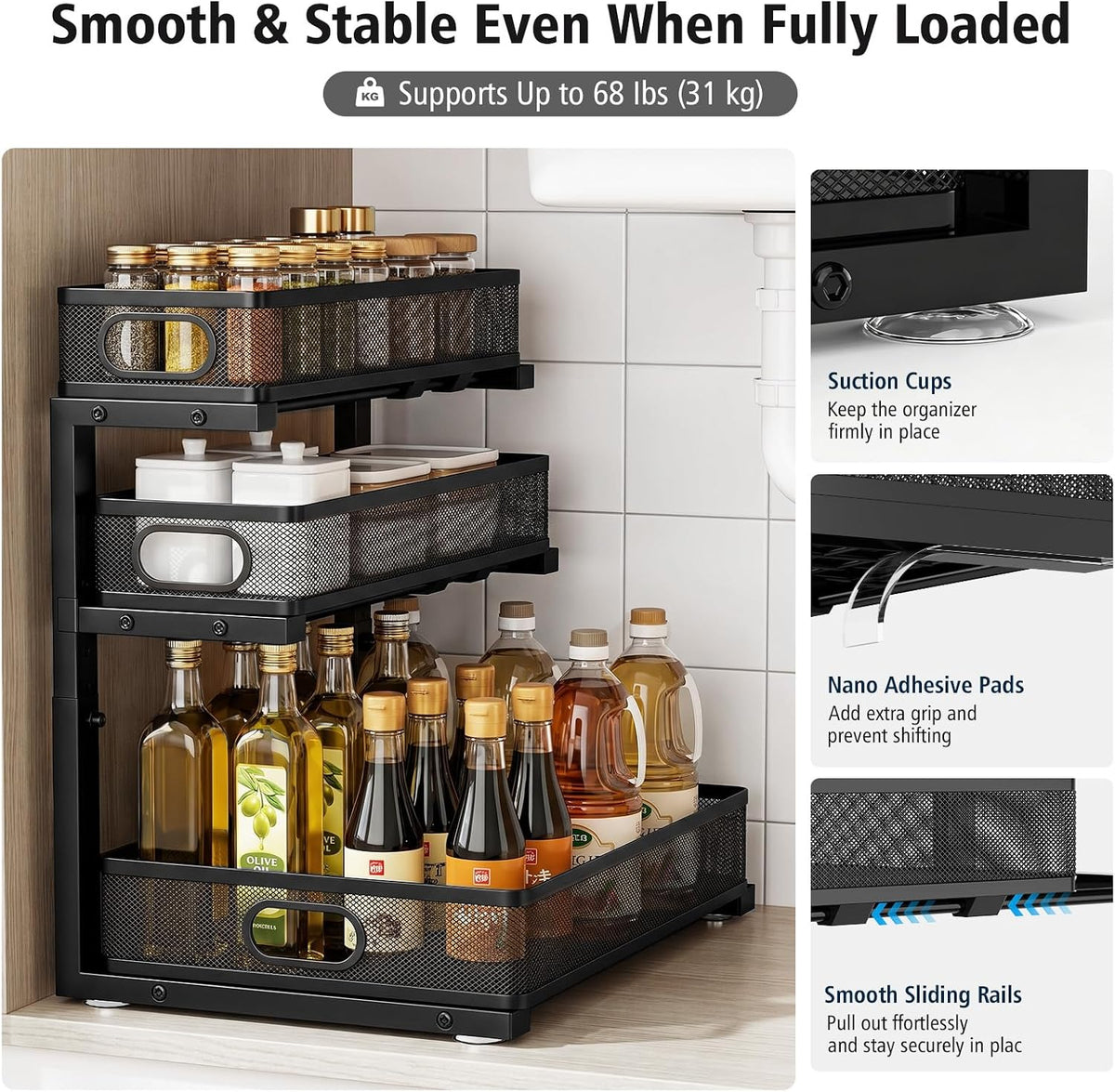 Under Sink Organizer, 3 Tier Pull Out Cabinet Organizer with 5 Adjustable Heights, Metal Under Sink Storage with Sliding Drawers for Kitchen, Bathroom, Pantry and Laundry Room, 2-Pack Black