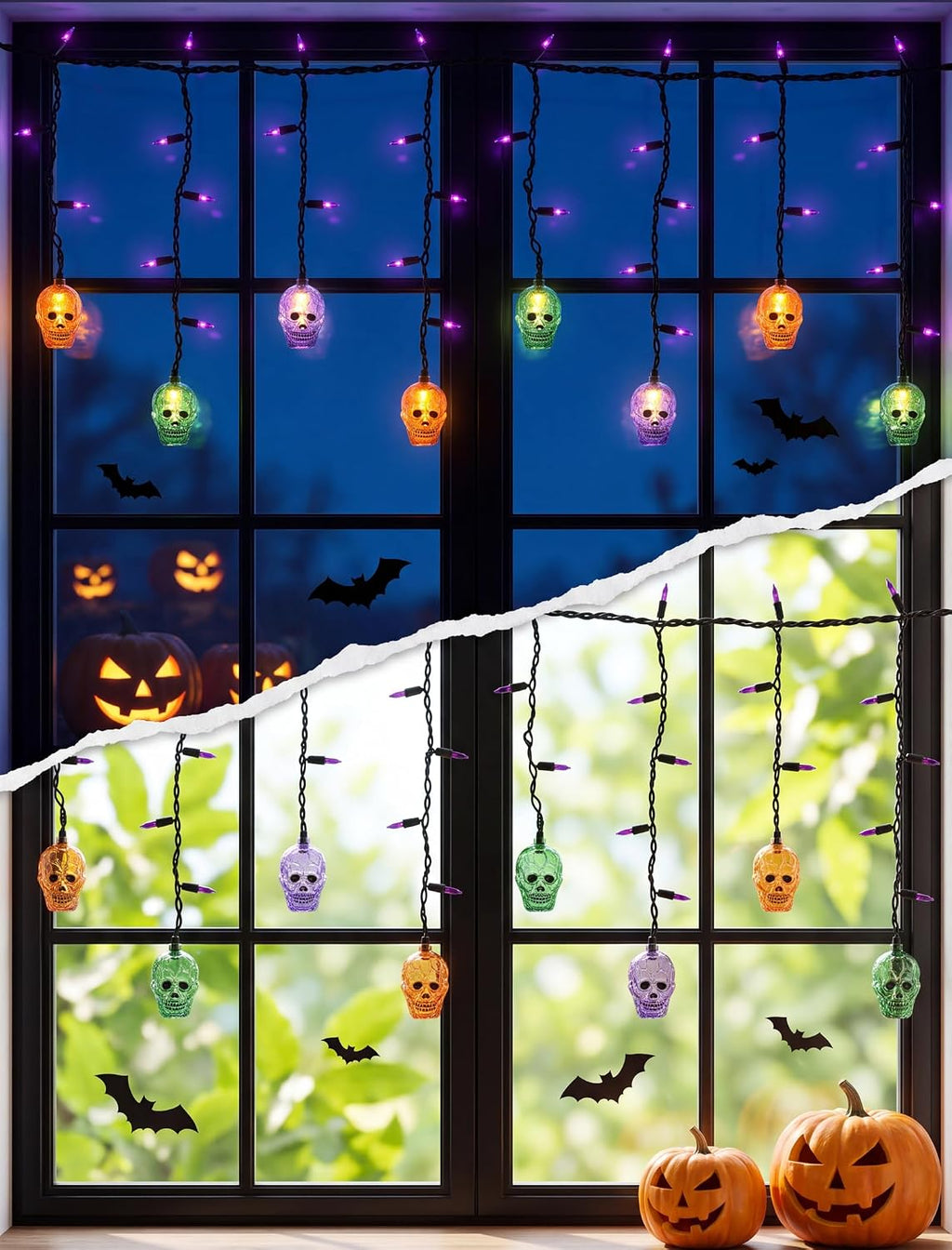 SUNSGNE 7FT 50 Count LED Halloween Skull Curtain Lights, Plug-in