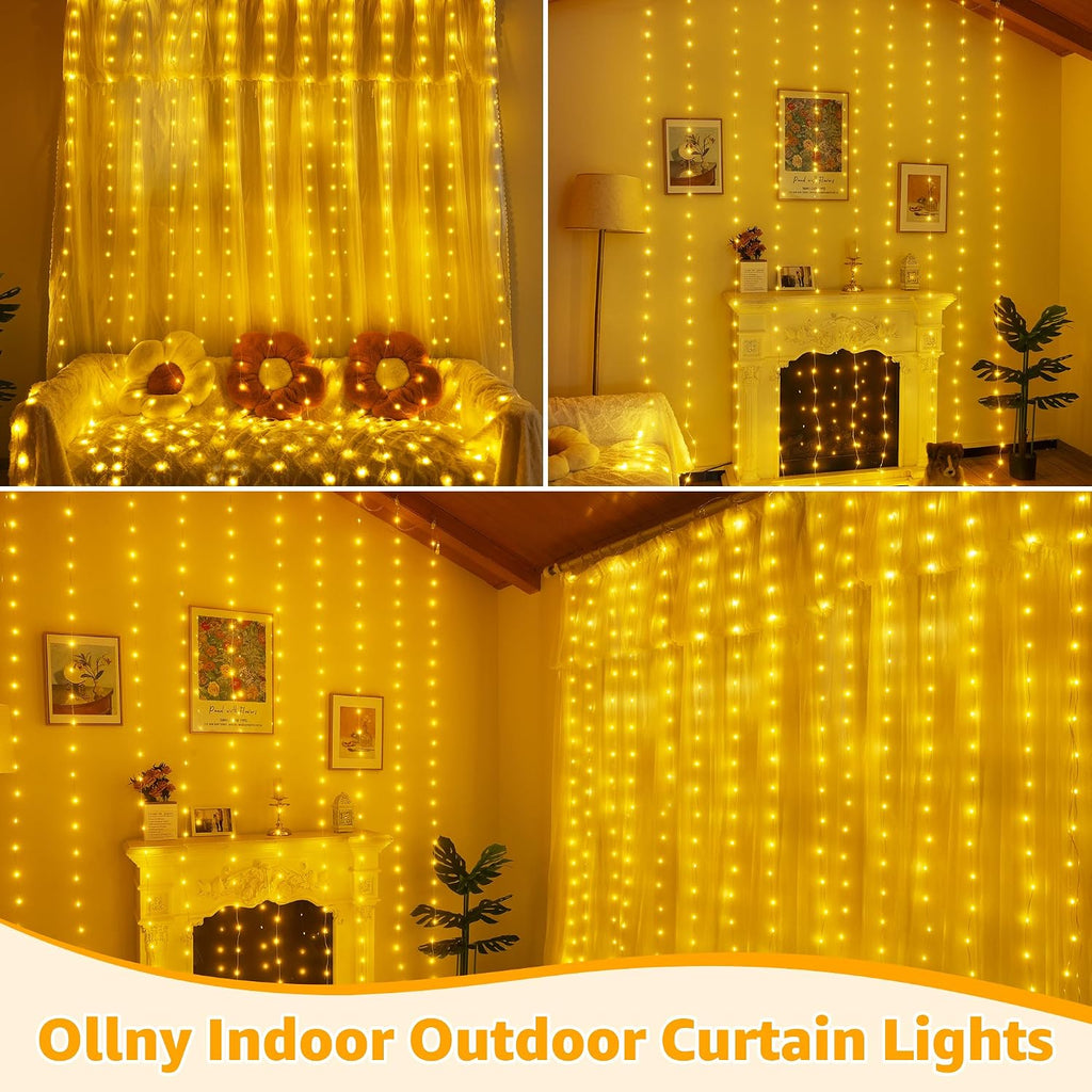 Ollny Curtain Lights 300LED 9.8ftx9.8ft, Connectable IP67 (Warm White)