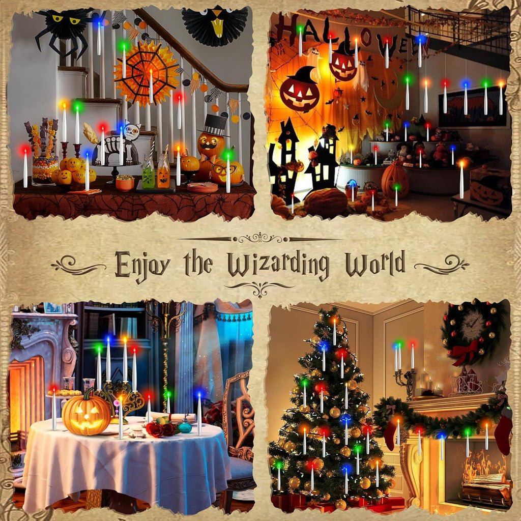 TLPUHU Floating Candles 18 Pcs with Magic Wand Remote, Halloween Decorations Multicolor Hanging Candles with String Battery Operated Flameless Taper Candle for Christmas Party Home Room Decor