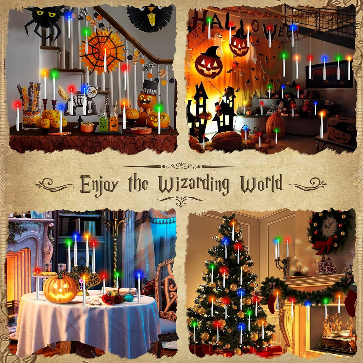 TLPUHU Floating Candles 18 Pcs with Magic Wand Remote, Halloween Decorations Multicolor Hanging Candles with String Battery Operated Flameless Taper Candle for Christmas Party Home Room Decor