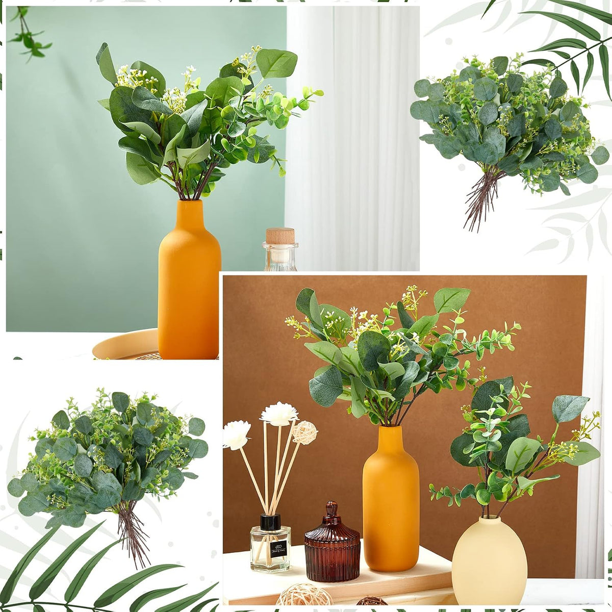 Yunsailing 100 Pcs Faux Eucalyptus Stems White Seed Green Artificial Leaves