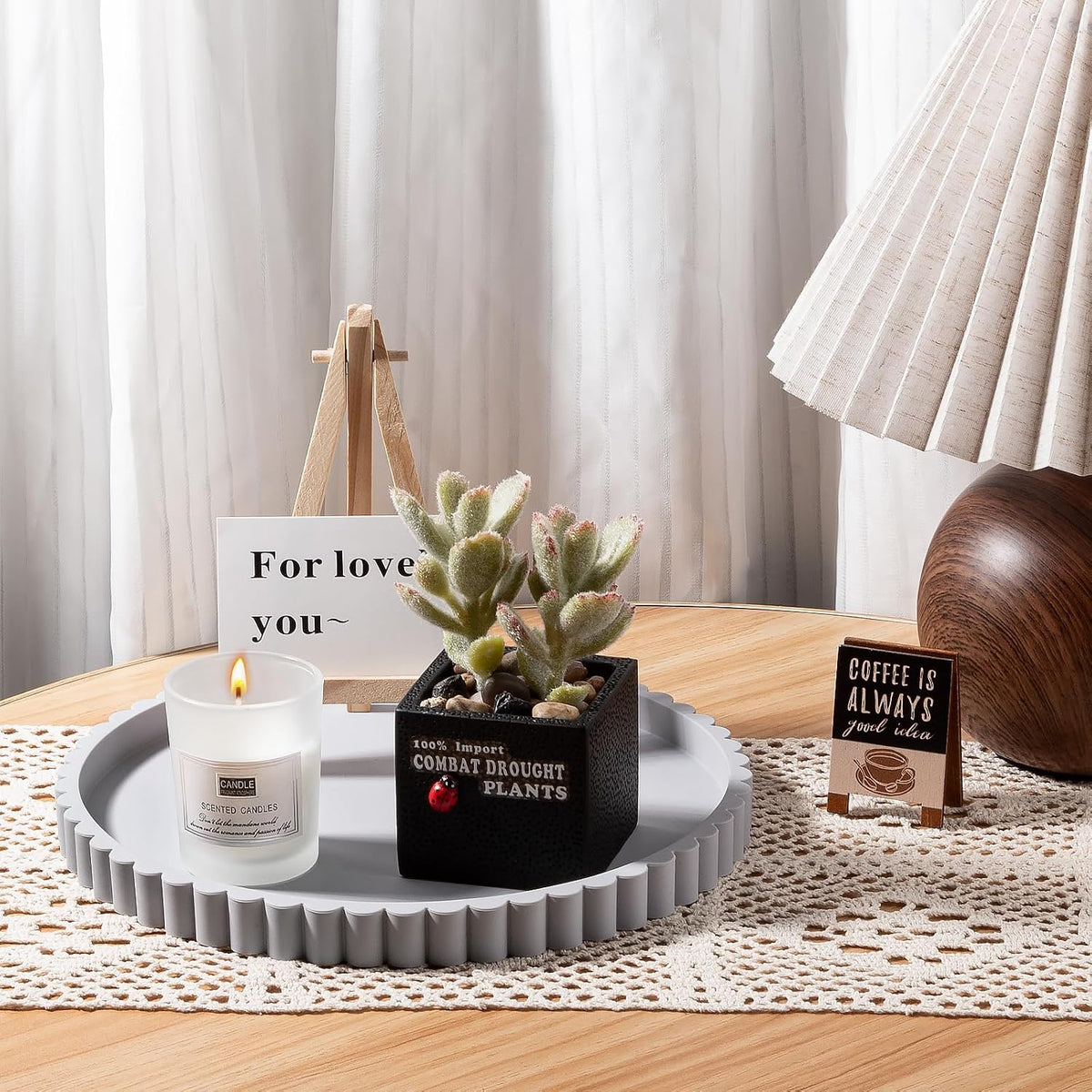 Round Bathroom Tray Perfume Organizer Coffee Table Decor, 9" Light Gray