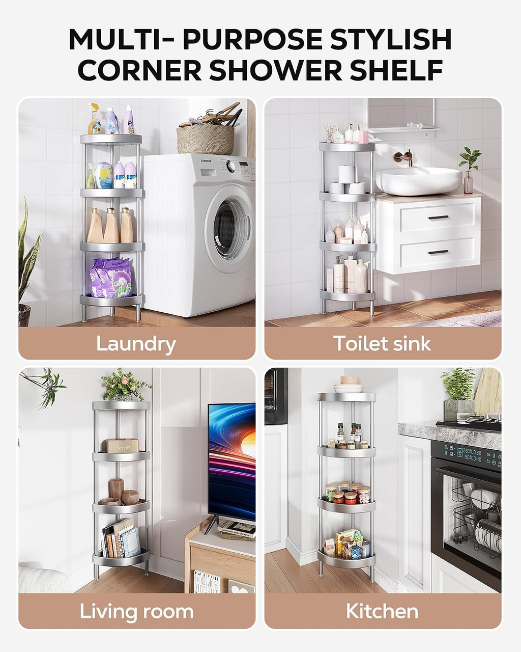 Nieifi 4 Tier Aluminum Corner Shower Caddy Standing Rustproof-Silver