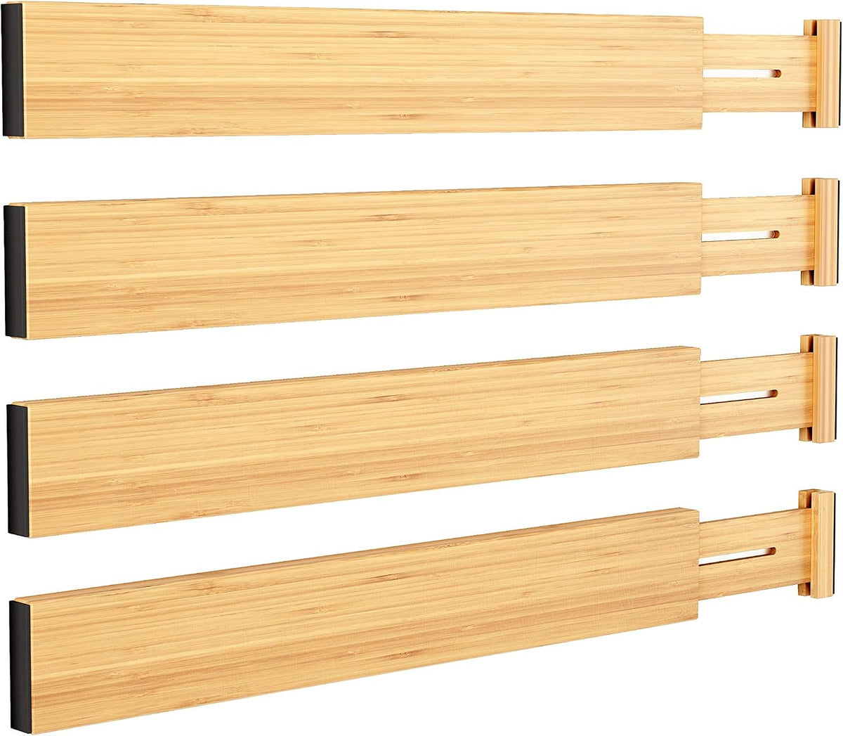 BAMEOS Bamboo Expandable Drawer Dividers – Fits 13.3"–19" Drawers, 2" High, Set of 4 | Spring-Loaded Bamboo Separator for Kitchen Island, Bathroom Vanity & Dresser Drawers