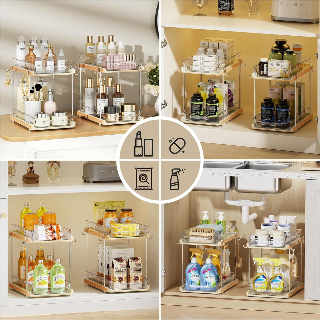 Delamu 2 Tier Under Sink Organizer Bathroom, Bathroom Cabinet Organizer with Snap-Lock Design and Hooks, Pull Out Storage with Movable Dividers, for Countertop, Kitchen and Pantry (White, 4 Pack)