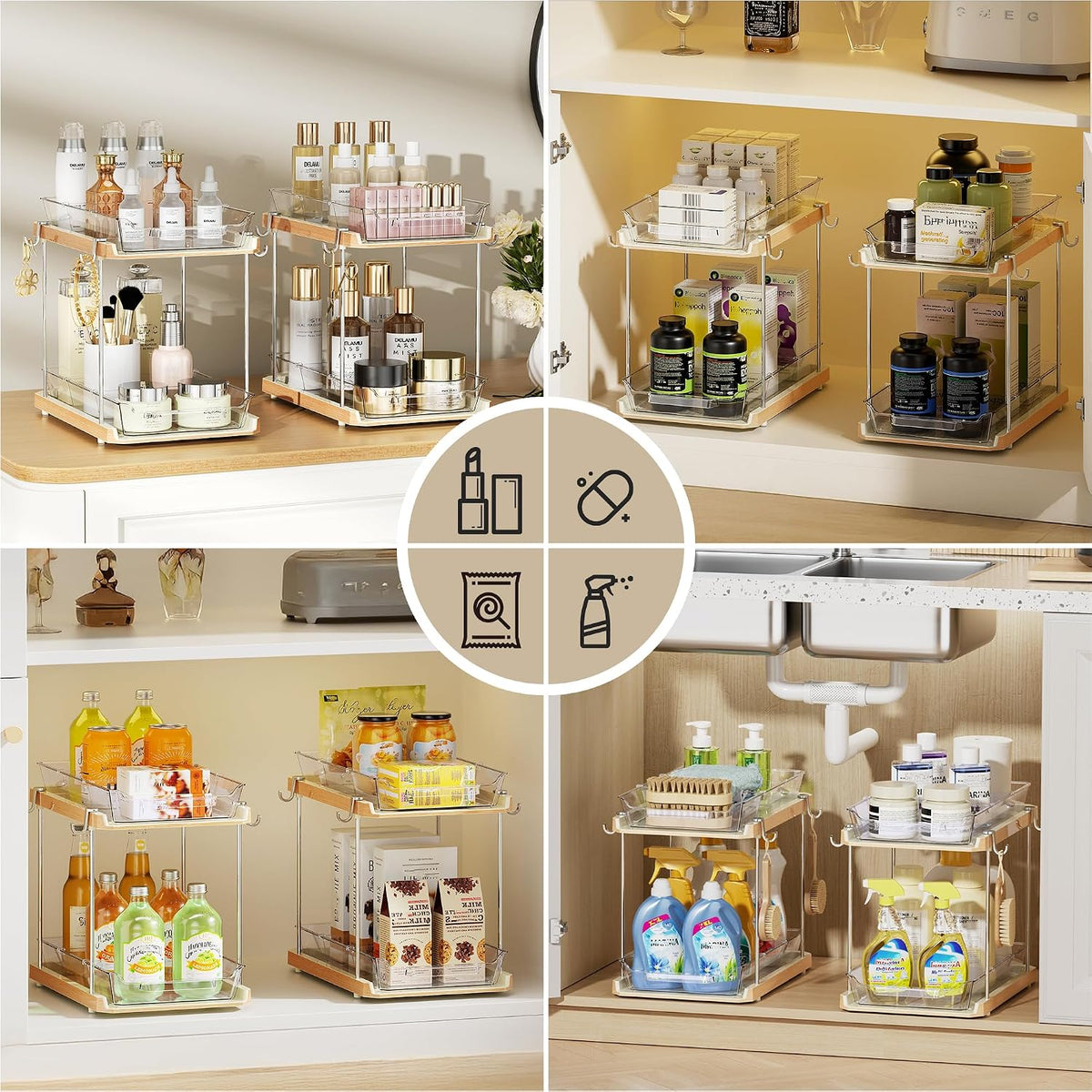 Delamu 2 Tier Under Sink Organizer Bathroom, Bathroom Cabinet Organizer with Snap-Lock Design and Hooks, Pull Out Storage with Movable Dividers, for Countertop, Kitchen and Pantry (White, 4 Pack)