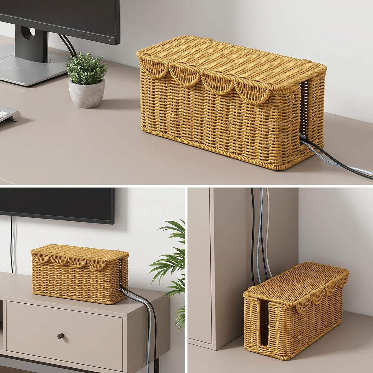 2PCS Cable Management Box, Handwoven Imitation Rattan Cord Organizer, Handmade Rattan Cable Organizer Wire Hider Box, Open Slots Cords Hider BoxCord Basket Under Desk Cord Organizers