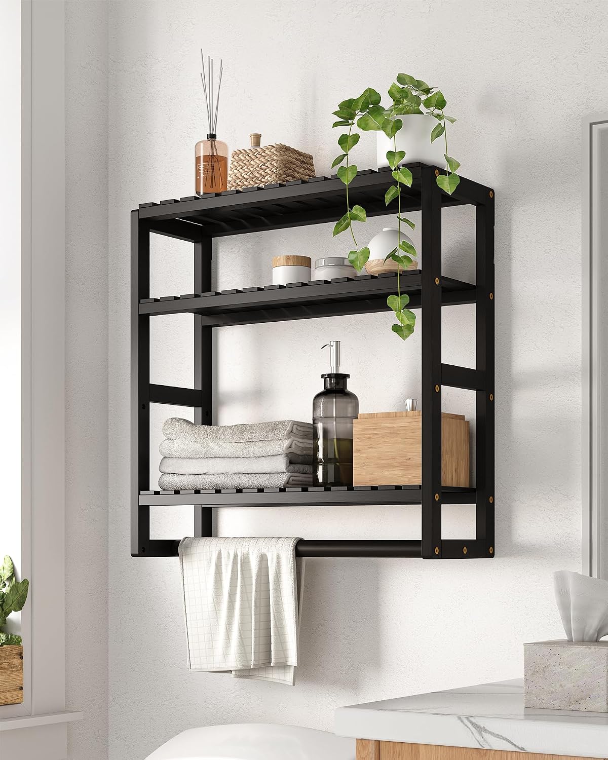 Galood Over The Toilet Storage Bathroom Shelves Wall Mounted 3 Tier Black-L
