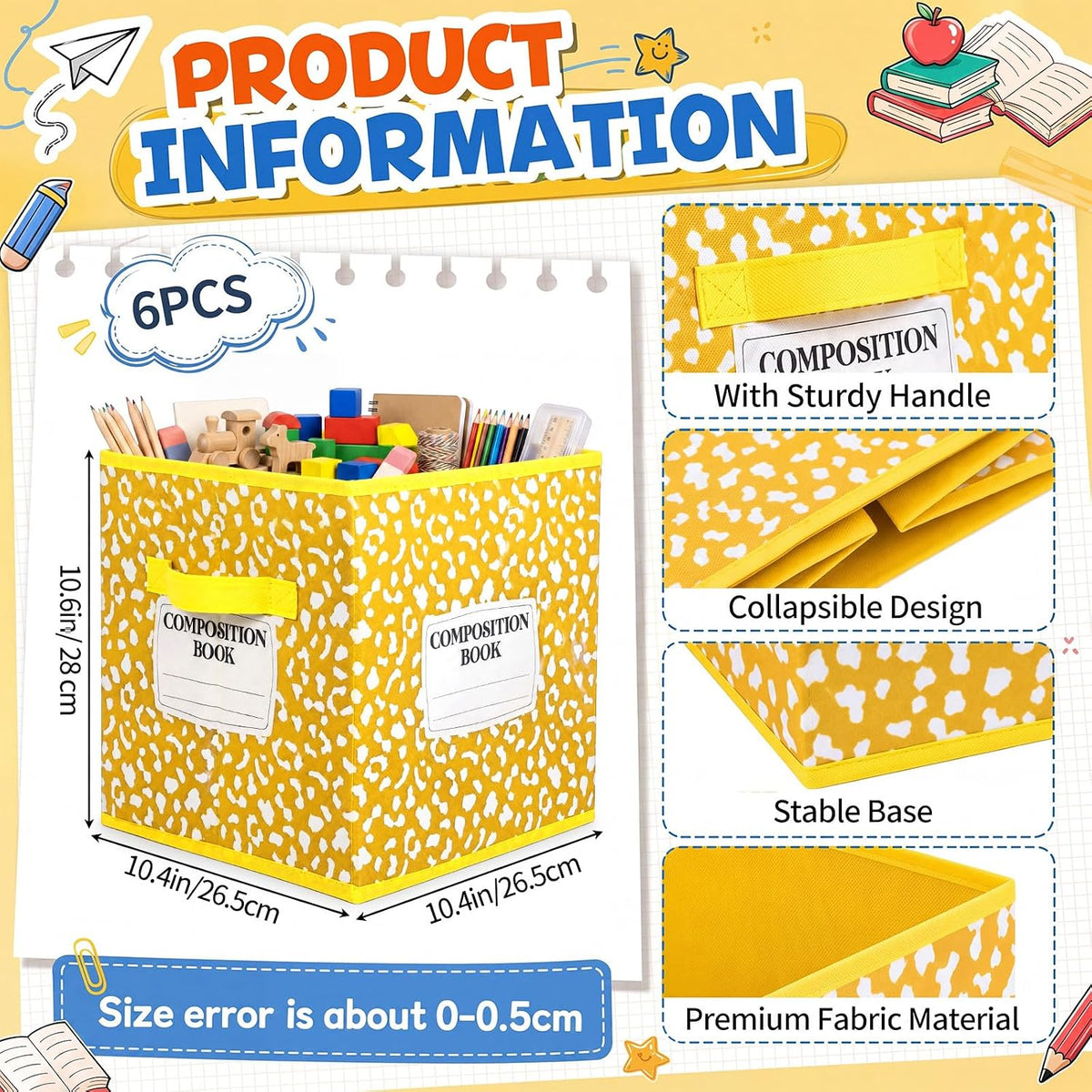 Crtiin 6 Pcs 11in Composition Book Classroom Fabric Storage Bins