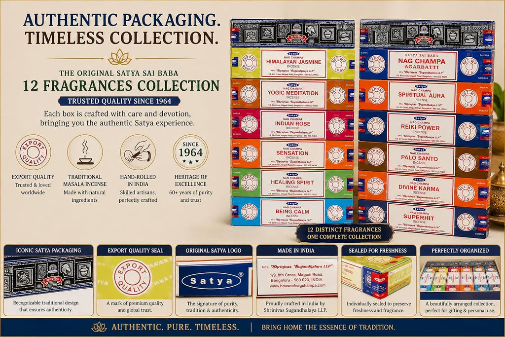 Satya Incense Sticks Set of 12 - Nag Champa, Palo Santo, Rose, Jasmine