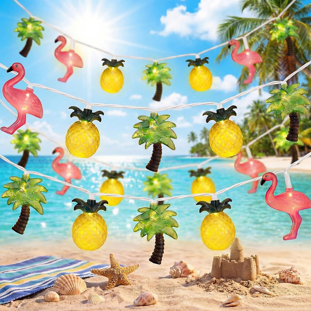 12FT Summer Tropical Hawaiian String Lights, 20 LED Plug in Flamingo Pineapple Palm Tree Lights for Luau Party, Pool, Tiki Bar, Beach Theme Indoor Outdoor Summer Decorations
