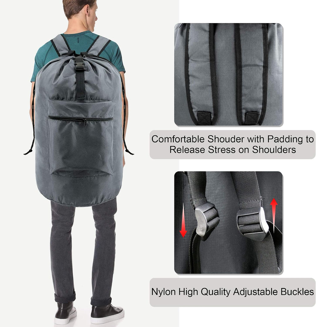 BeeGreen Gray Laundry Backpack w Adjustable Shoulder Straps & Drawstring College Dorm Room Essentials w Handle for Travel Trip Lightweight Durable Laundry Bag Hamper Portable