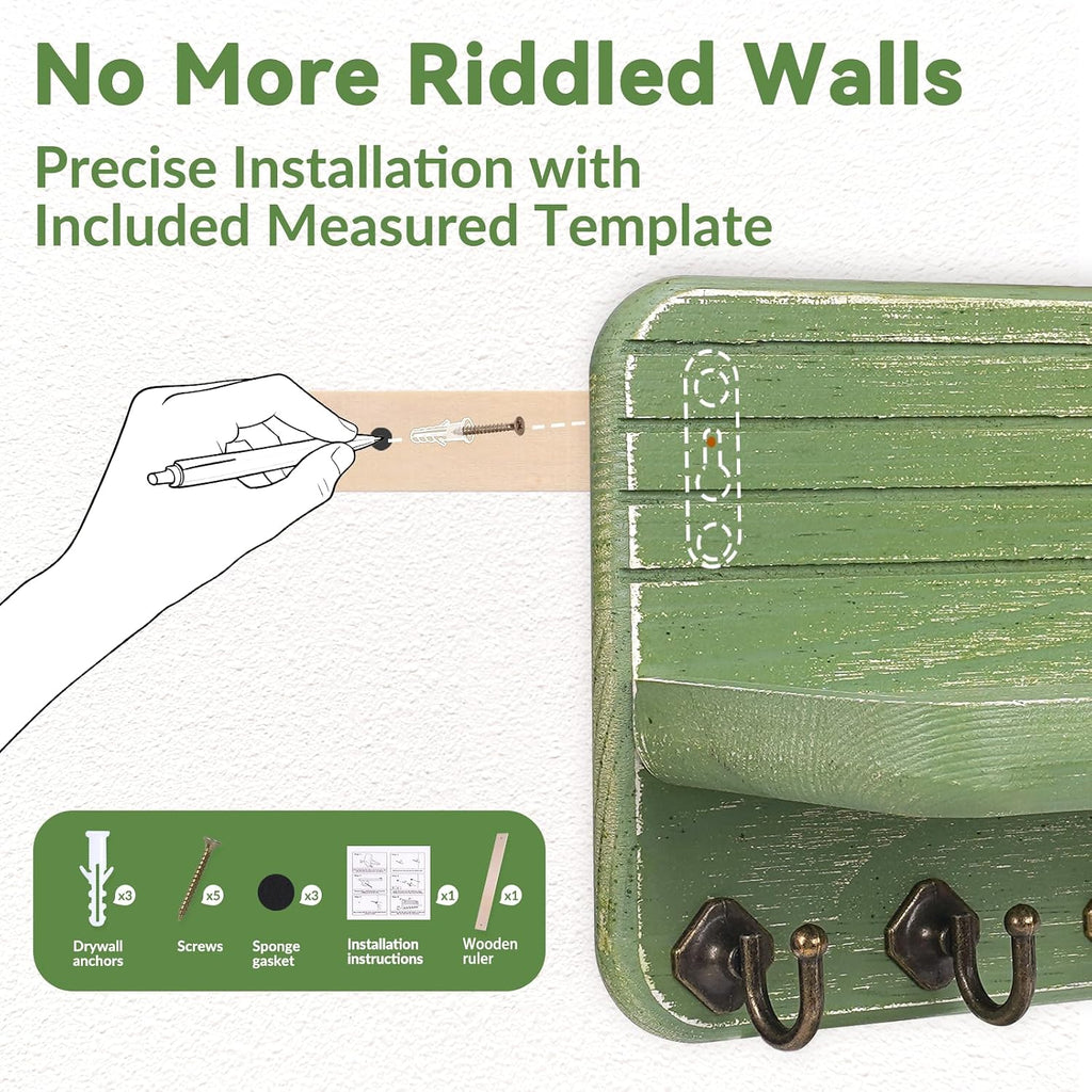Key Holder for Wall, Mail Organizer Wall Mount with 8 Hooks Wooden Hanging Key Rack for Home Decor, Hallway, Entryway (Dark Green)
