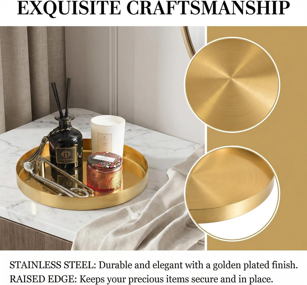 Jucoan 2 Pack 8 Inch Round Gold Tray, Decorative Small Round Vanity Tray, Circle Brass Gold Tray, Bathroom Storage Organizer Tray for Perfume Jewelry Food Coffee Tea Candle