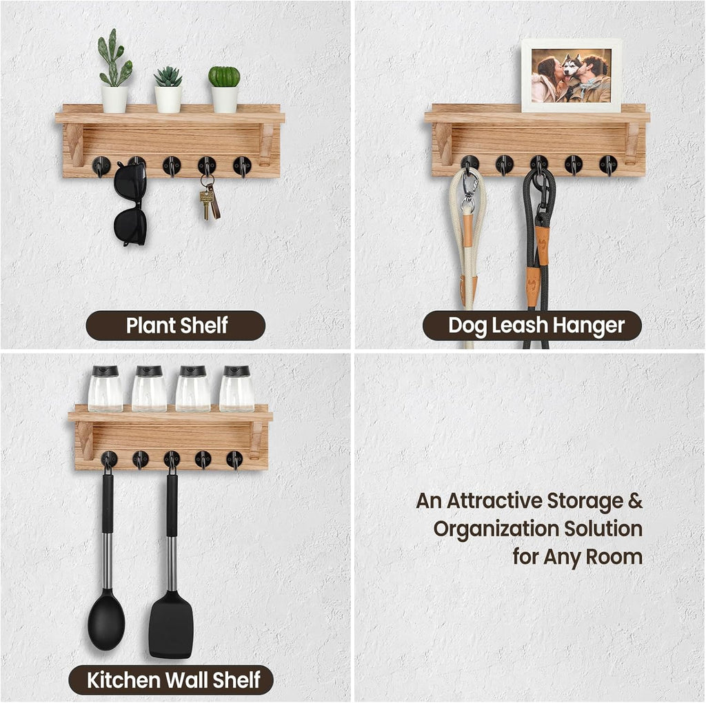 Lwenki Wall Key Holder, Rustic Shelf with Hooks Made of Paulownia Wood Holds Keys, Dog Leash, Bags and More - 13.7" W x 4.7" H x 3.5" D Decorative Key Hanger and Entryway Shelf