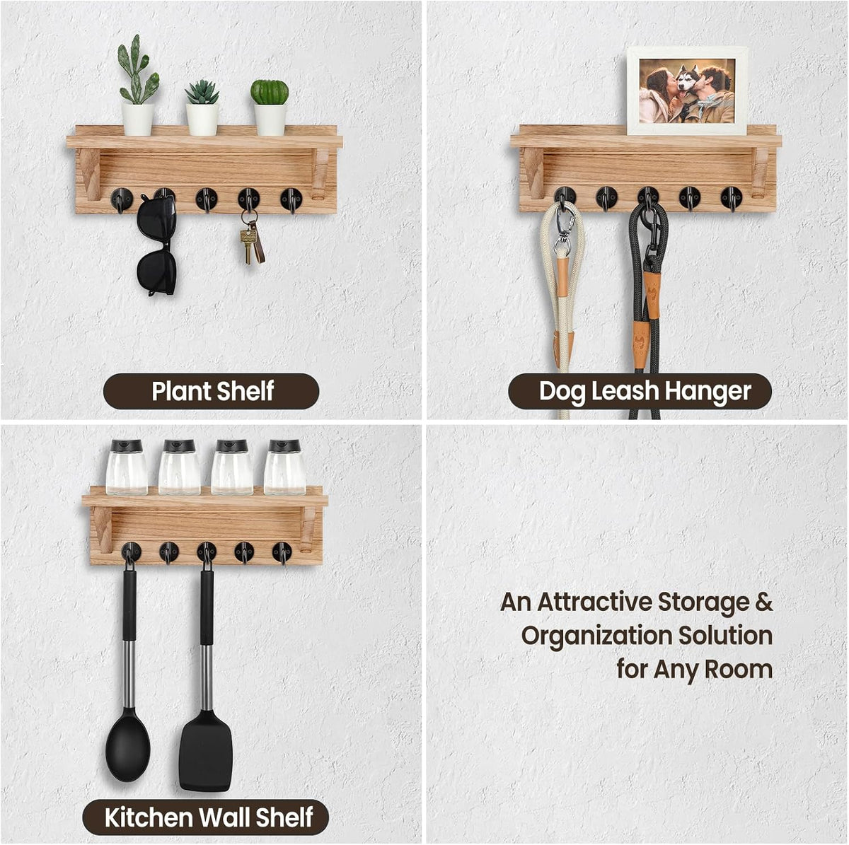 Lwenki Wall Key Holder, Rustic Shelf with Hooks Made of Paulownia Wood Holds Keys, Dog Leash, Bags and More - 13.7" W x 4.7" H x 3.5" D Decorative Key Hanger and Entryway Shelf