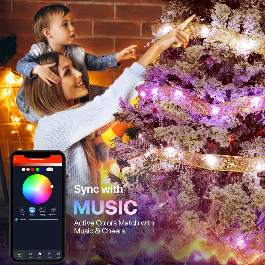 Smart Christmas Tree Ribbon String Lights, 33ft 80 Modes Colors Changing Ribbon Light for Christmas Tree, APP & Remote Control, Sync Musical, Timer, USB (Light Gold)