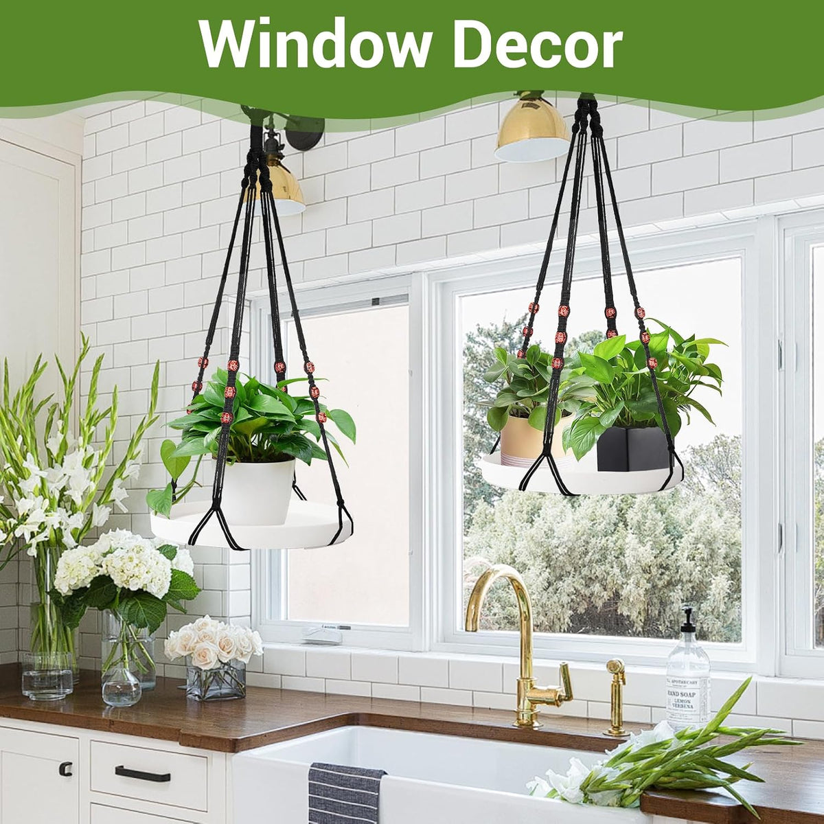 GREANER 2 Sets Hanging Plant Shelf, Black Indoor Hanging Plant Stand with Large Plastic Tray, Flower Pot Holder for Succulents, Cacti, Small Plants