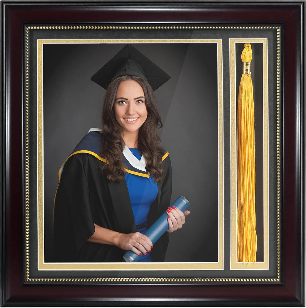 GraduationMall Graduation Photo Shadow Box Frame with Tassel Holder for 8x10 Pictures,Real Glass,Black Over Gold Double Mat,Wall & Tabletop Design