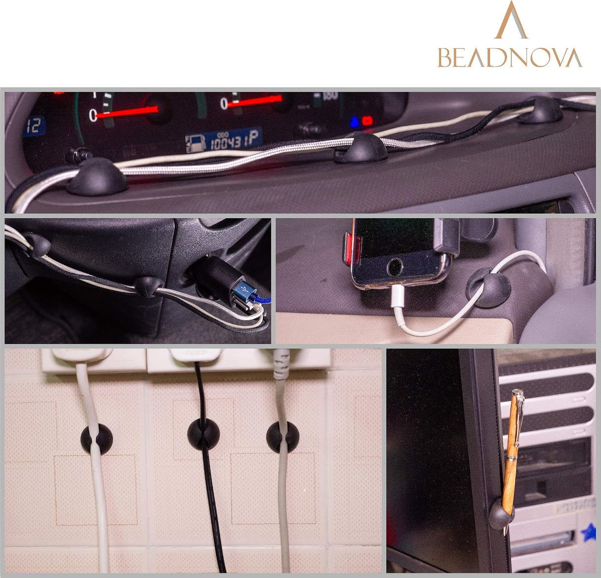 Beadnova Cable Clips Cord Organizer Cable Management Wire Cord Holder 24 Pack Adhesive Cord Holder for Car, Power Cords, Charging Accessory Cables, PC, Office (Black,1 Slots, 2 Slots, 3 Slots,5 Slots)