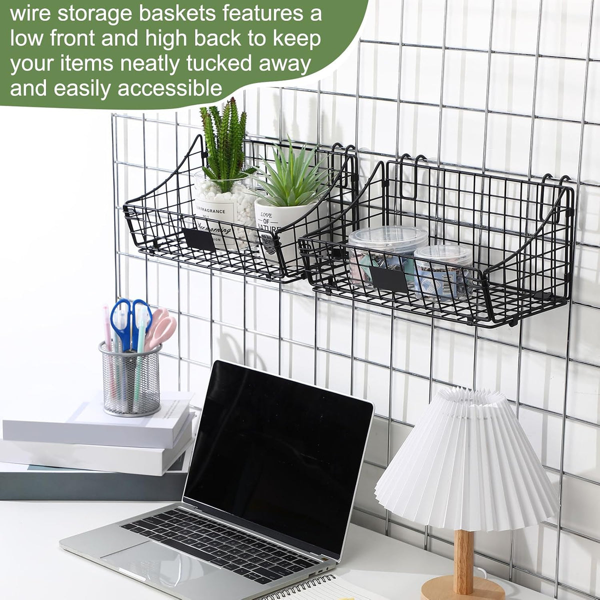 Blulu 4 Pcs Grid Wall Baskets, Wire with Hooks for Hanging, 11 x 6 x 5 Inch
