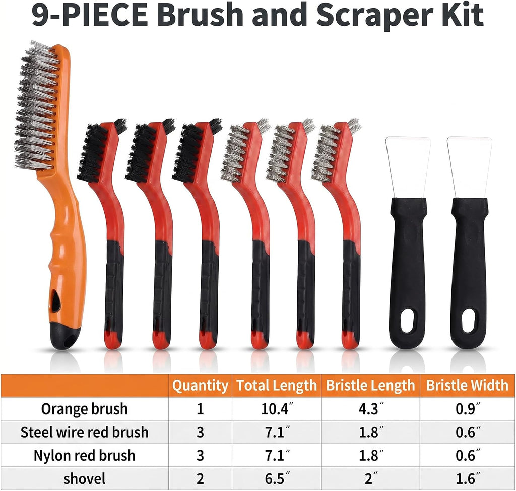 Wire Brush Set 9PCS - Heavy Duty Steel Metal Brush for Rust Removal