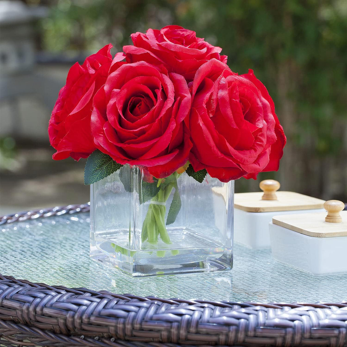 Enova Floral 7 Large Stems Artificial Silk Roses Fake Flowers Arrangement in Cube Glass Vase with Faux Water for Home Office Wedding Decoration (Red)