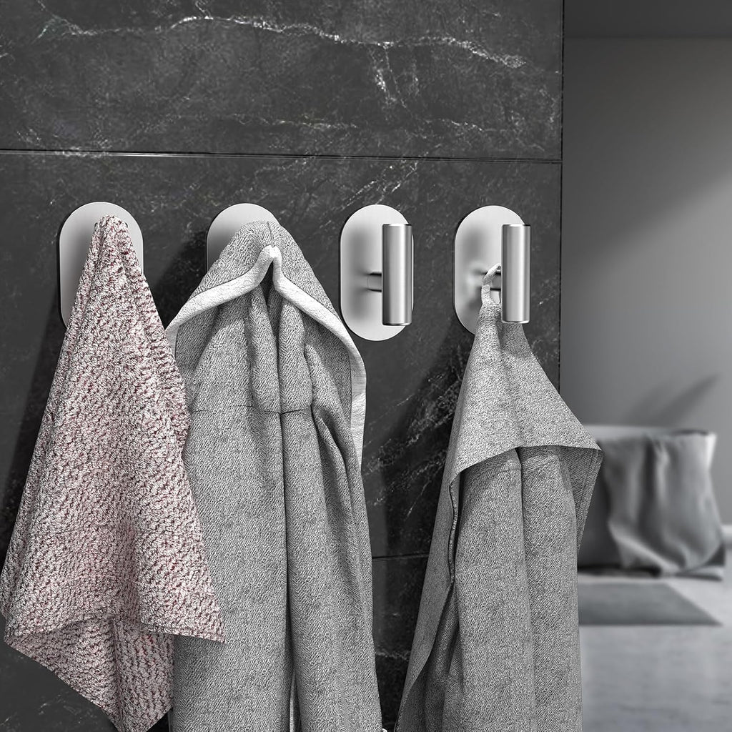 Aikzik Silver Adhesive Hooks Heavy Duty, Wall Hooks for Shower, Bathroom, Towel, Coat, Robe, Stainless Steel Hooks for Hanging, Waterproof & Rustproof Sticky Hooks for Walls No Damage- 2 Pack