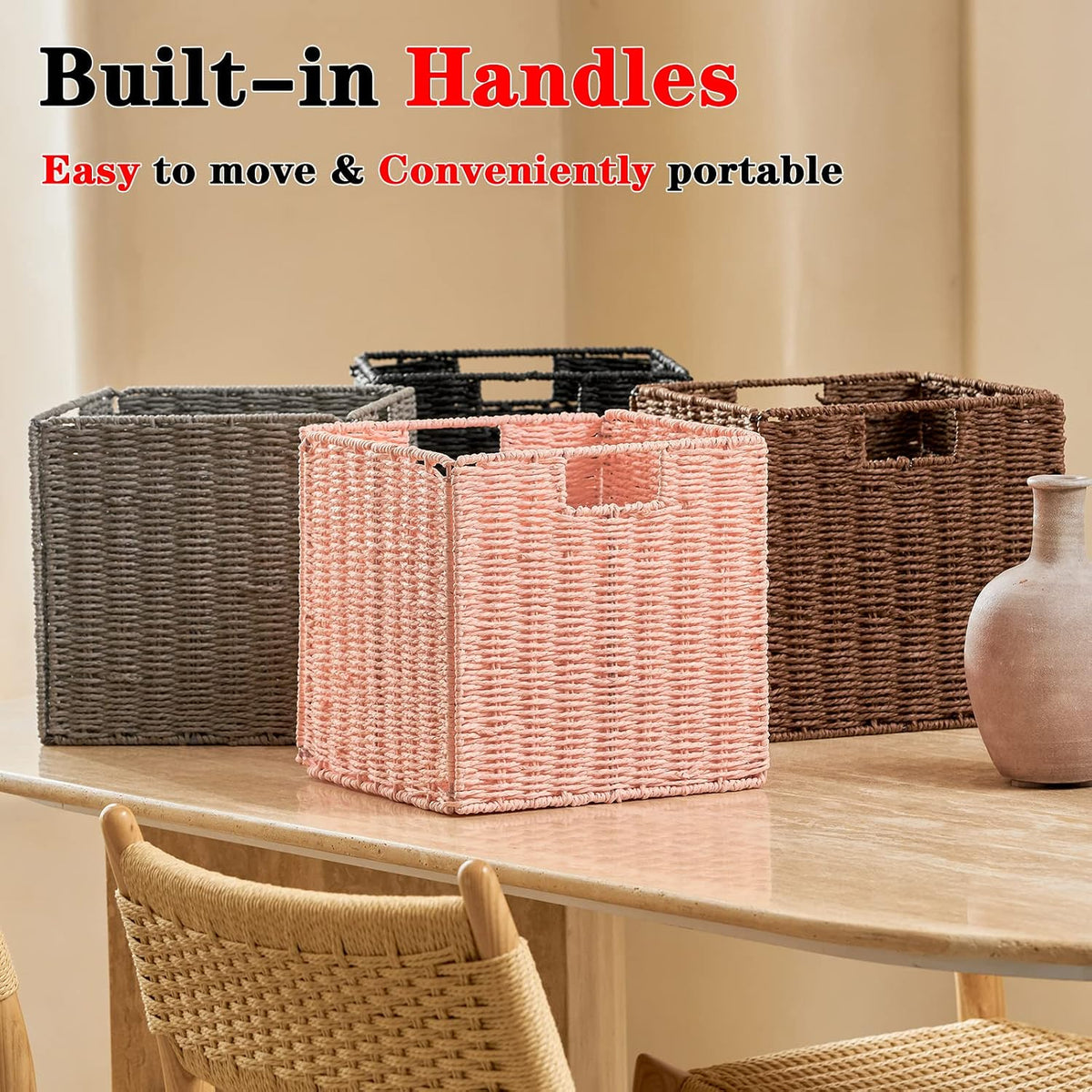Vagusicc Wicker Storage Basket, Set of 2 Hand-Woven Paper Rope Storage Baskets for Organizing, Pink Cube Storage Bins, 11inch Large Wicker Storage Baskets for Shelves Gifts Pantry Organizing Decor